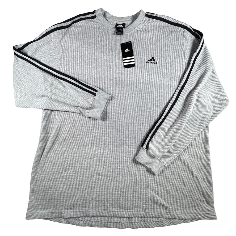 Adidas Thermal Shirt Mens 2XL Gray New Waffle Knit Long Sleeve 3 Stripe Logo